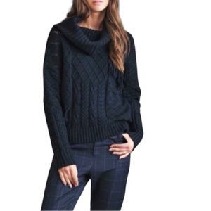 Haute Hippie Vanessa Cable Knit Cowl Neck Fringe Sweater Blue XL